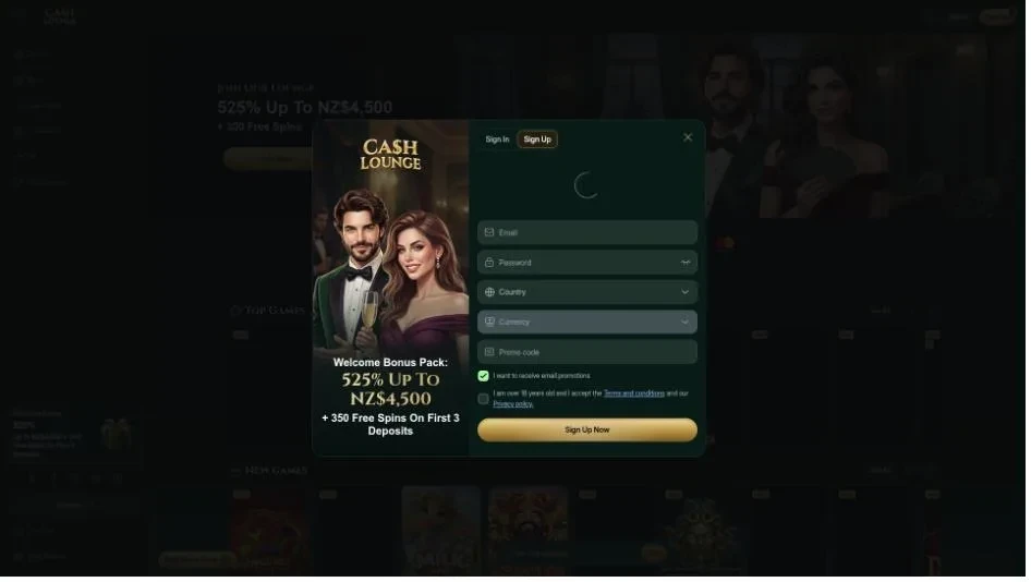 Cashlounge casino landing page screenshot for NZ players