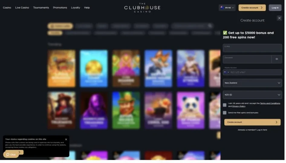 The Clubhouse Casino landing page screenshot for NZ players