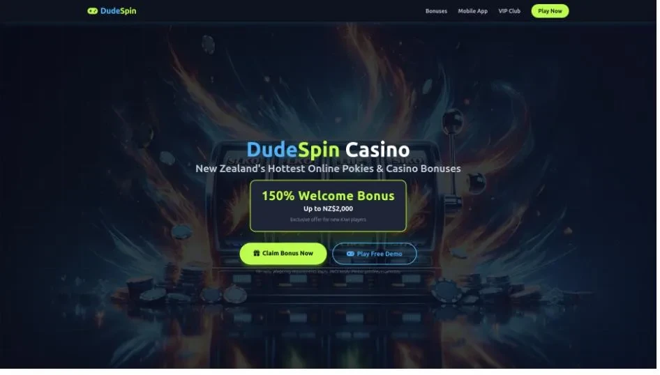 Dudespin casino landing page screenshot for NZ players